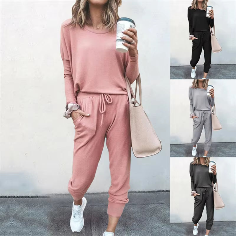 Hot Women'S Long Sleeve round Neck Top and Pants Set Simple Solid Colour Pajama Set Casual O Neck Two Piece Outfit