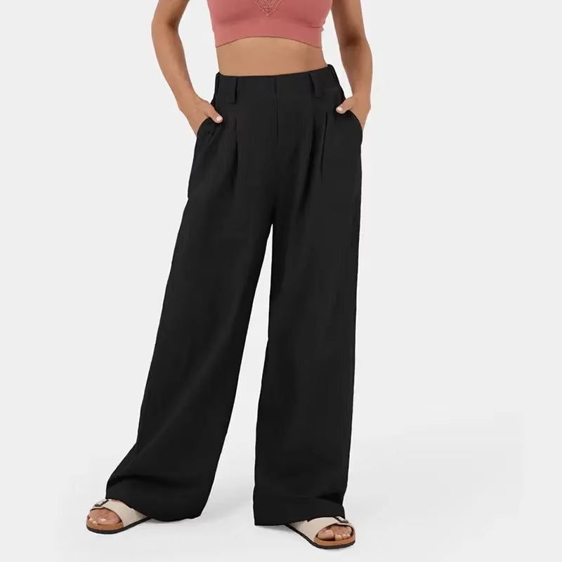 High Waisted Plicated Side Pocket Wide Leg Waffle Loose Work Pants Shock