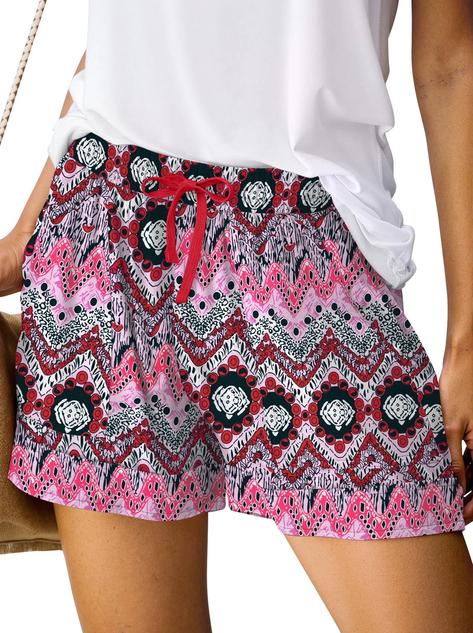 Womens Casual Shorts Elastic Waist Drawstring Shorts Pants with Pockets Summer Beach Floral Shorts