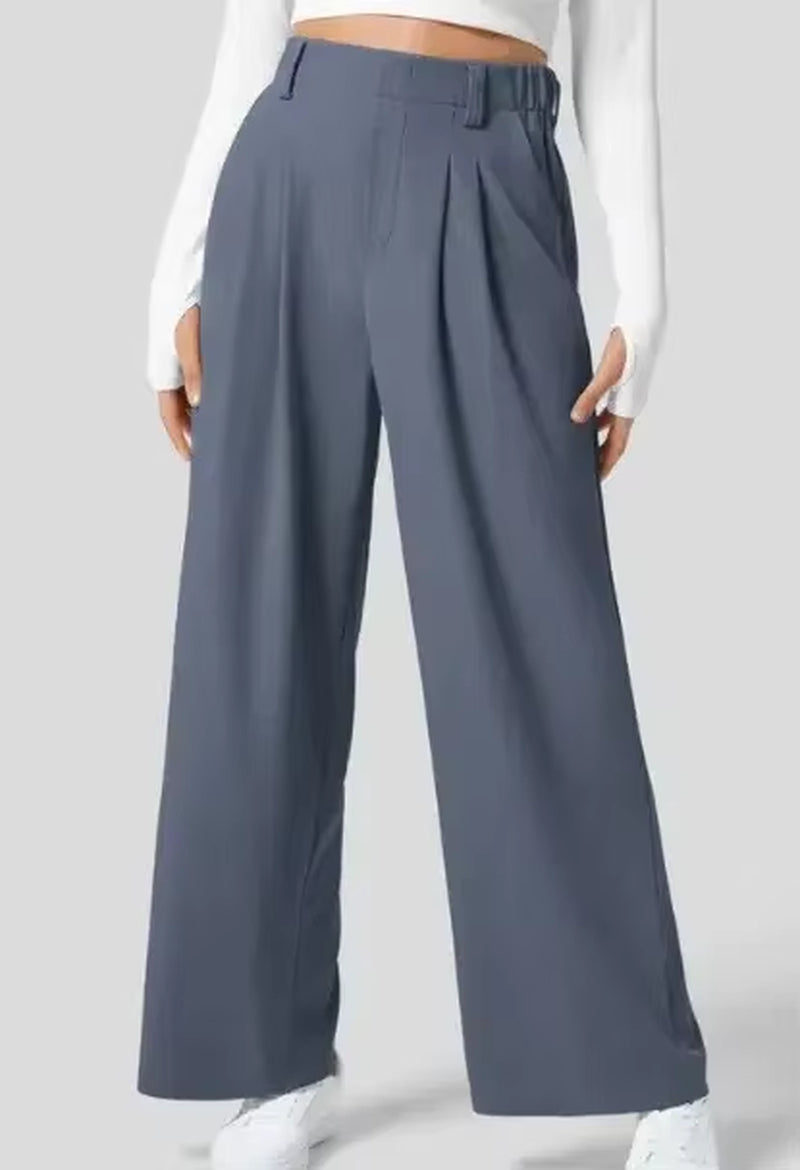 High Waisted Plicated Side Pocket Wide Leg Waffle Loose Work Pants Shock