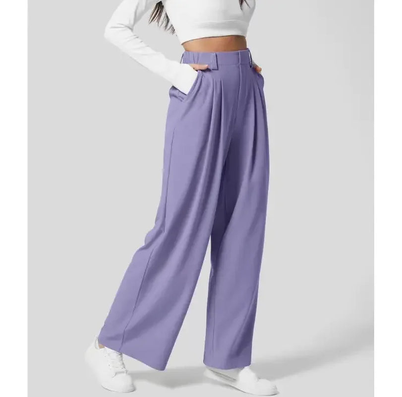 High Waisted Plicated Side Pocket Wide Leg Waffle Loose Work Pants Shock