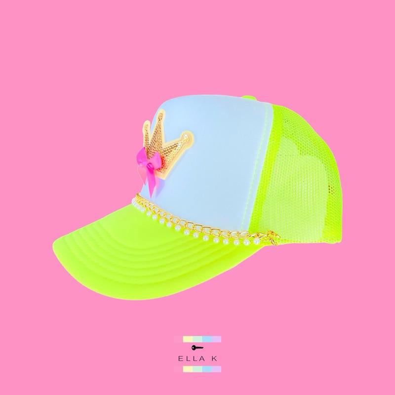 She Wears the Crown Trucker Hat / Neon Yellow & White Trucker Hat / Gold Crown Trucker Hat
