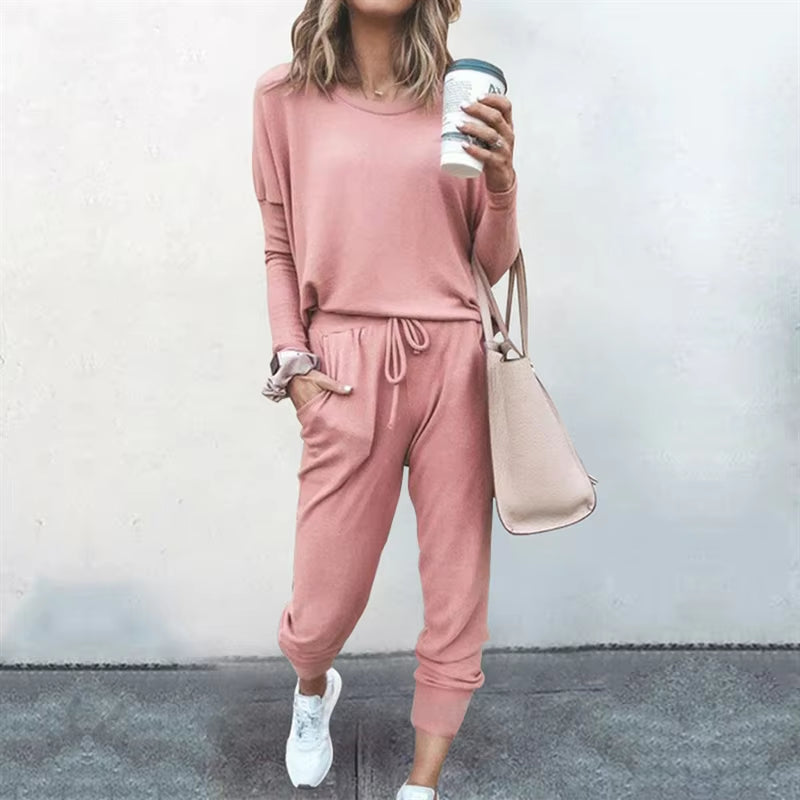 Hot Women'S Long Sleeve round Neck Top and Pants Set Simple Solid Colour Pajama Set Casual O Neck Two Piece Outfit