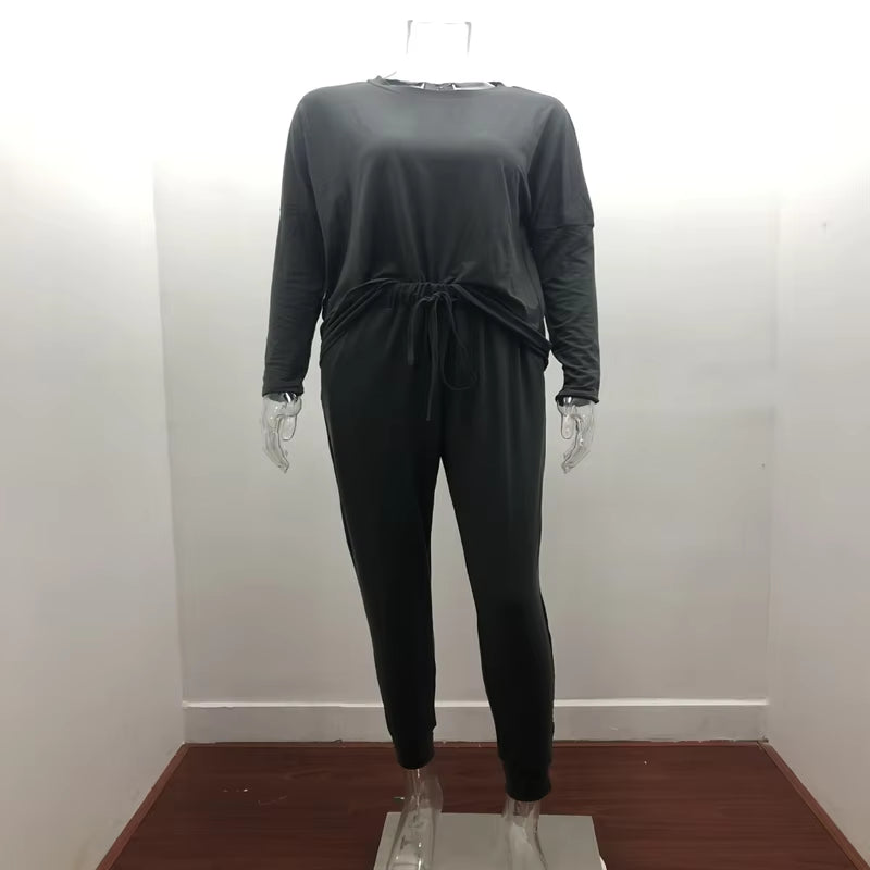 Hot Women'S Long Sleeve round Neck Top and Pants Set Simple Solid Colour Pajama Set Casual O Neck Two Piece Outfit