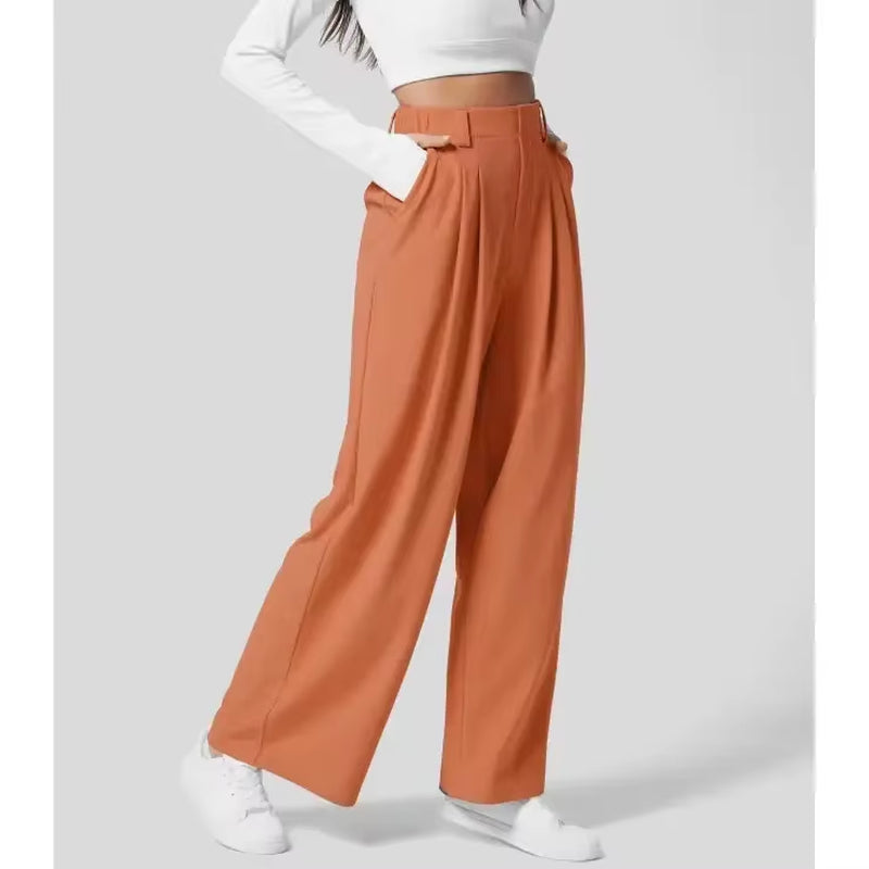 High Waisted Plicated Side Pocket Wide Leg Waffle Loose Work Pants Shock