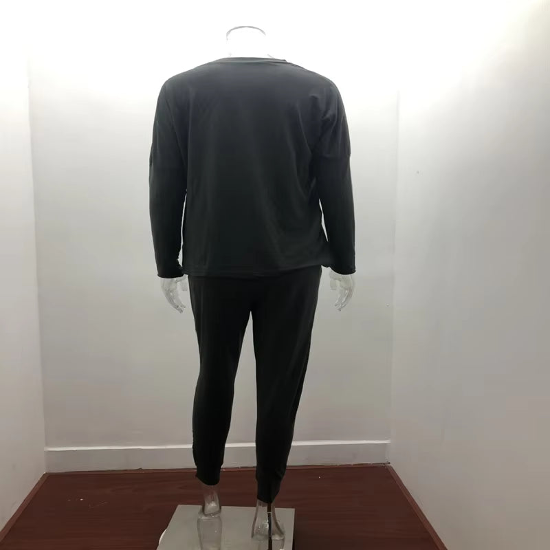 Hot Women'S Long Sleeve round Neck Top and Pants Set Simple Solid Colour Pajama Set Casual O Neck Two Piece Outfit