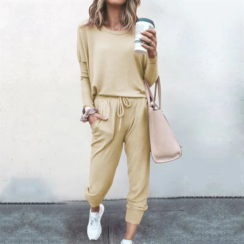 Hot Women'S Long Sleeve round Neck Top and Pants Set Simple Solid Colour Pajama Set Casual O Neck Two Piece Outfit