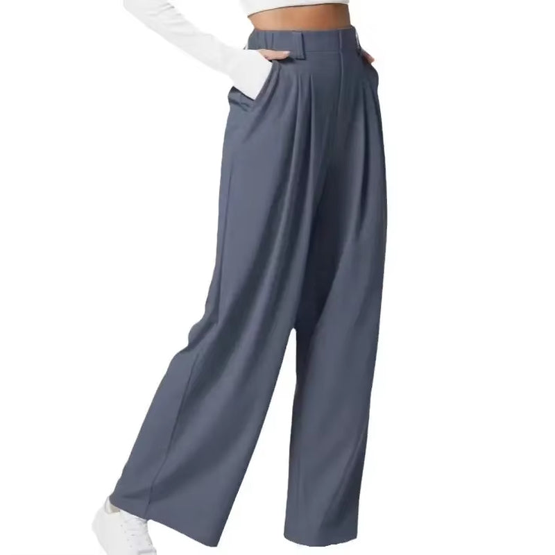High Waisted Plicated Side Pocket Wide Leg Waffle Loose Work Pants Shock