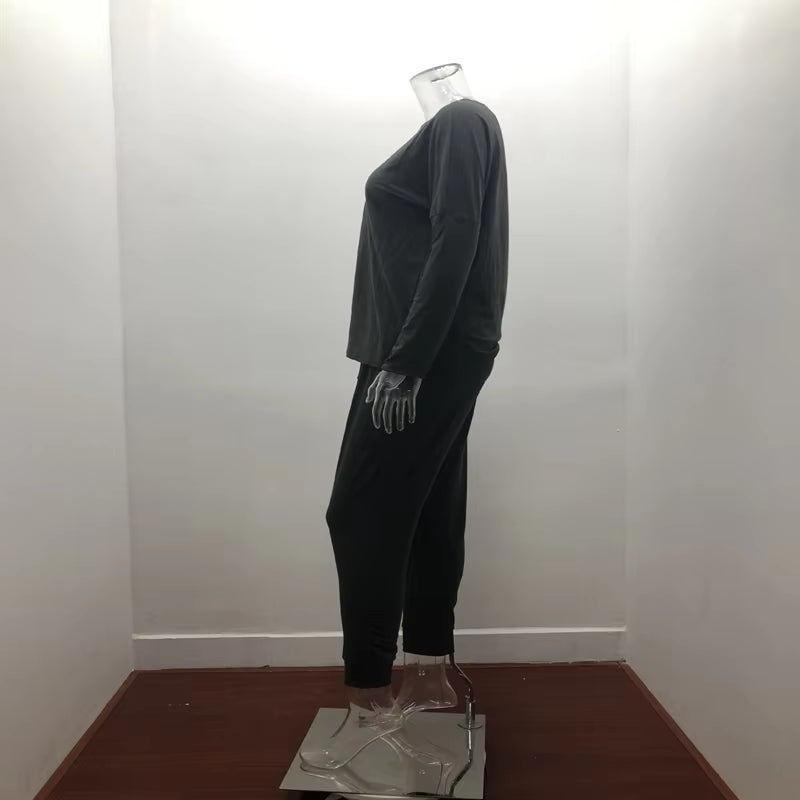 Hot Women'S Long Sleeve round Neck Top and Pants Set Simple Solid Colour Pajama Set Casual O Neck Two Piece Outfit