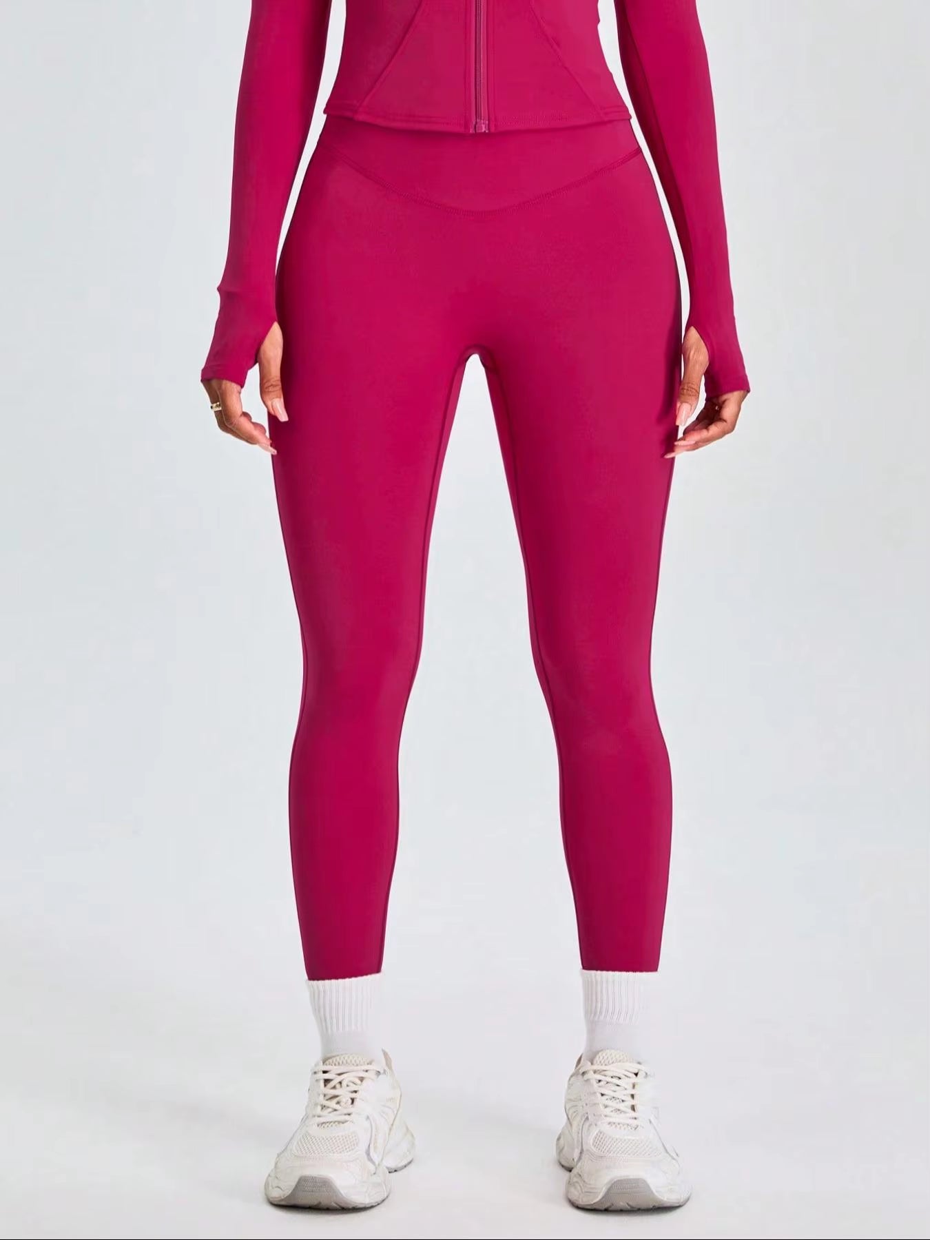 Two-Piece Set Women'S Solid Zip Upmock Neck Sports Jacket & Highwaist Leggings Set, Sportybreathable Quick Drying