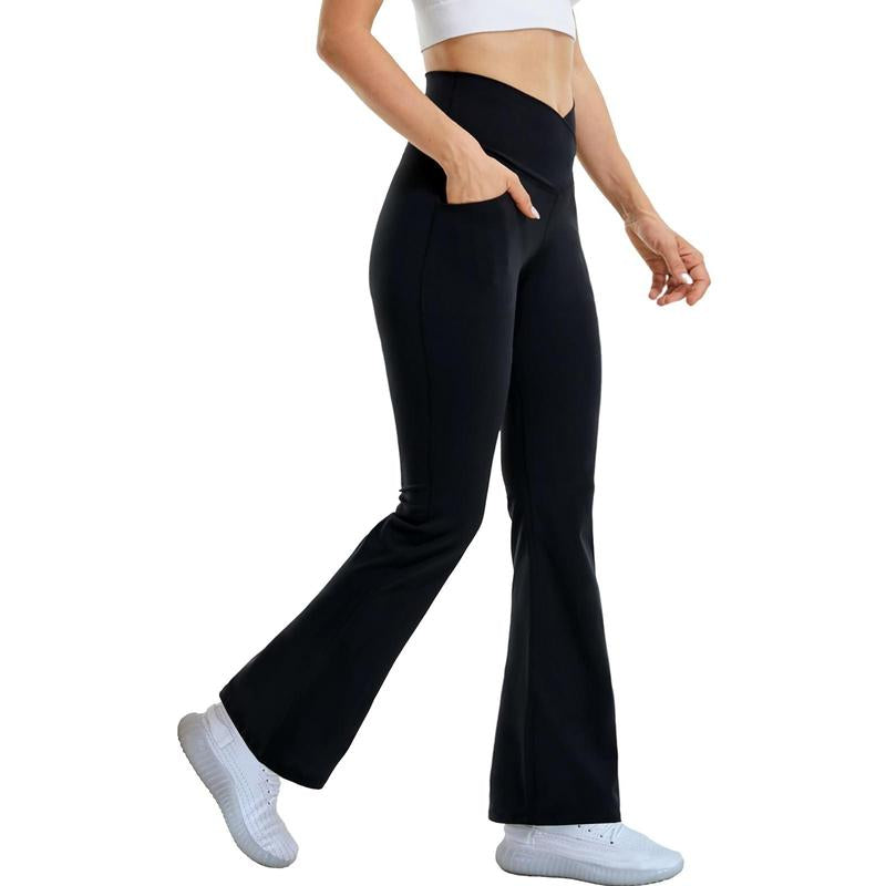 Flare Yoga Pants with Pockets for Women,High Waisted V Crossover Bootcut Yoga Leggings Stretchy Casual Workout Pants Fabric Nylon Womenswear Bottom