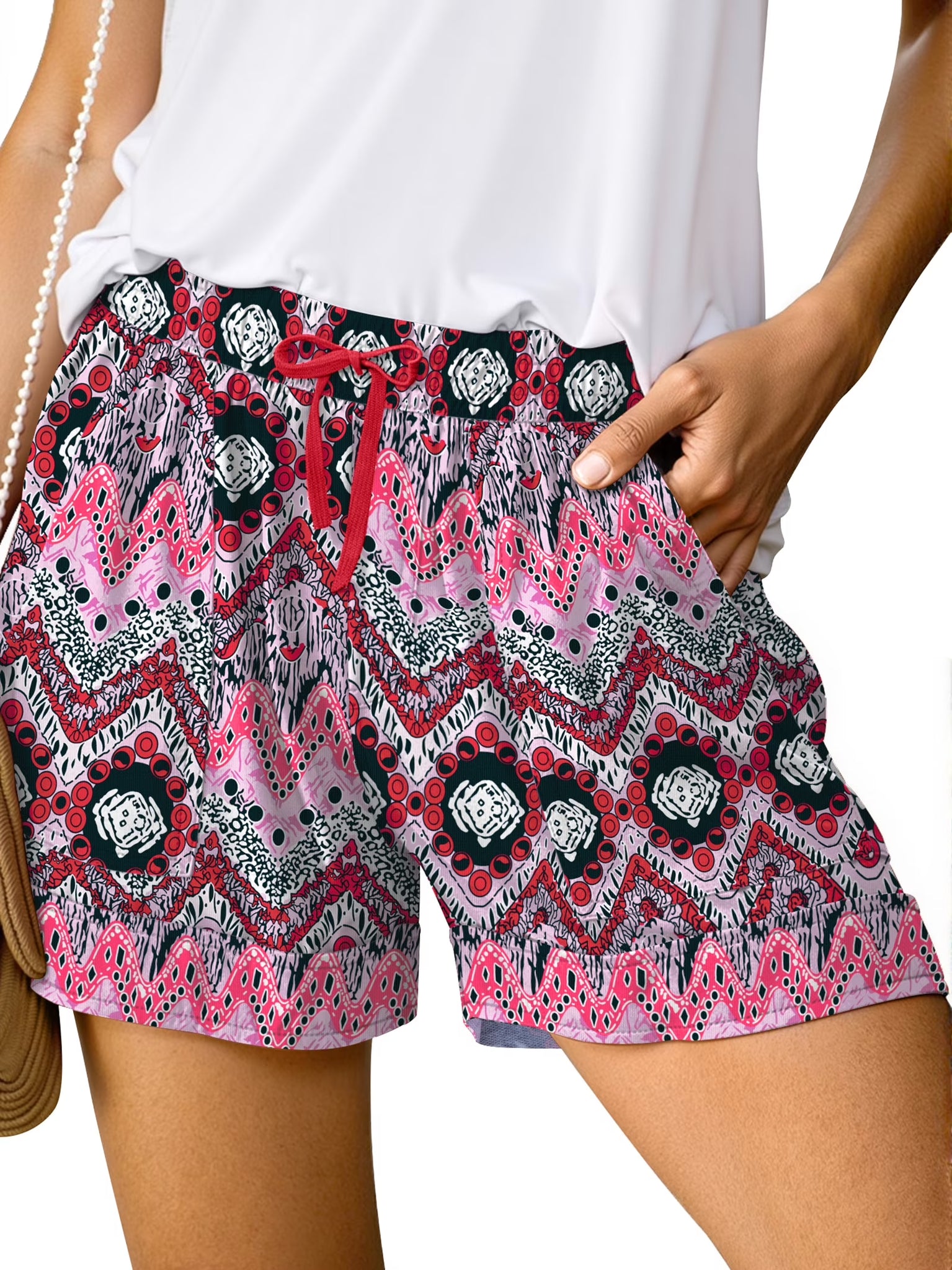 Womens Casual Shorts Elastic Waist Drawstring Shorts Pants with Pockets Summer Beach Floral Shorts